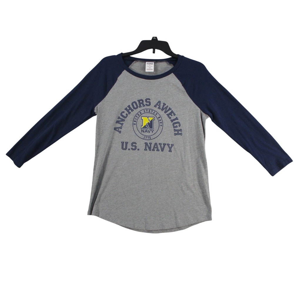 PINK Victoria's Secret US Navy Anchors Aweigh Raglan Shirt Gray Navy Medium